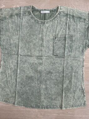 Zenana Washed Olive Green Pocket Tee | Vintage Mineral Wash Relaxed Fit Top NEW